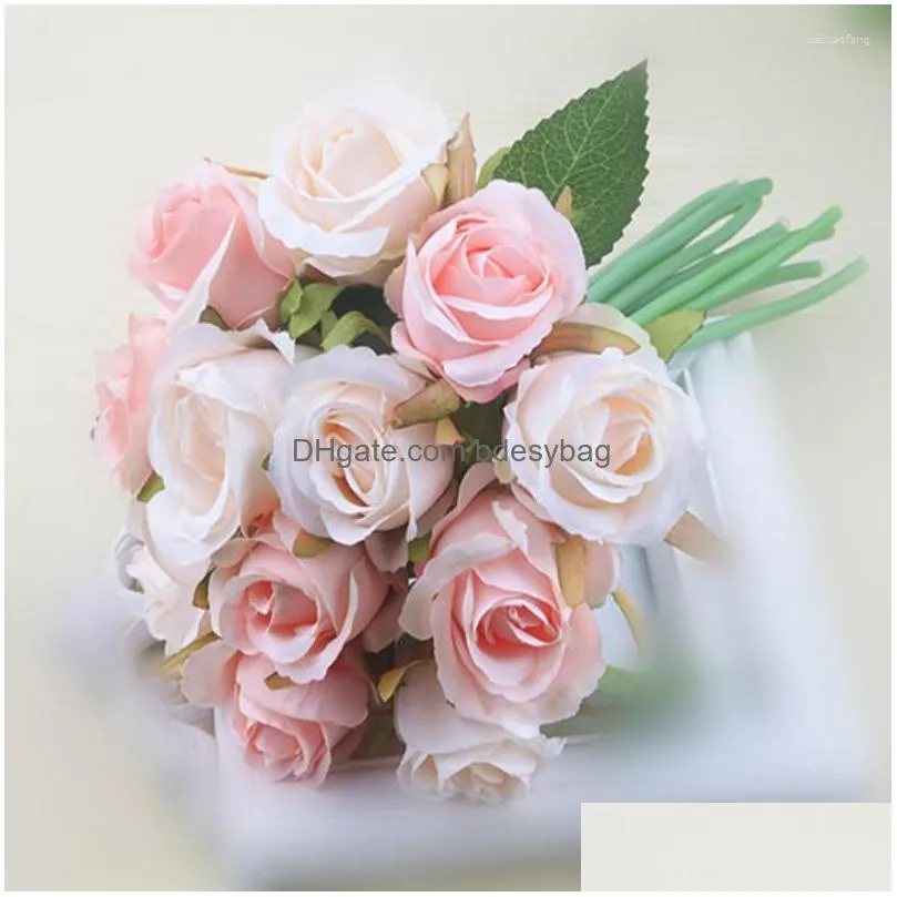 decorative flowers 12heads artificial flower bunches rose fake plant leaves leaf wedding bouquet decoration home office el decor