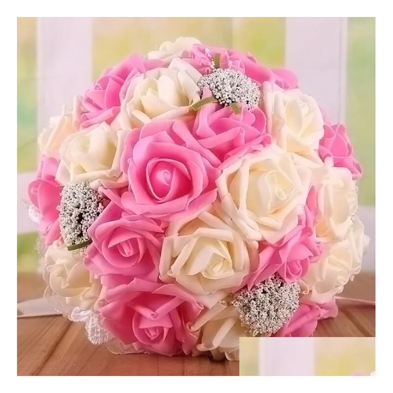 Wedding Flowers Beautif Bridal Wedding Bouquet All Handmade Flower Bouquets Artificial Pearls Rose With Gift 9 Colors Wedding , Party Dh60R