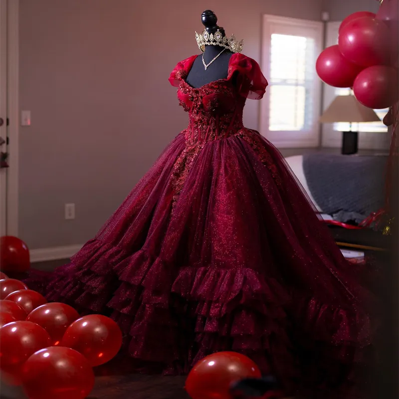 Luxury Red Shiny Tiered Ruffles Ball Gown Quinceanera Dresses Applique Sweet 16 Prom Vestido De 15 Anos Lace-Up Prom Gowns