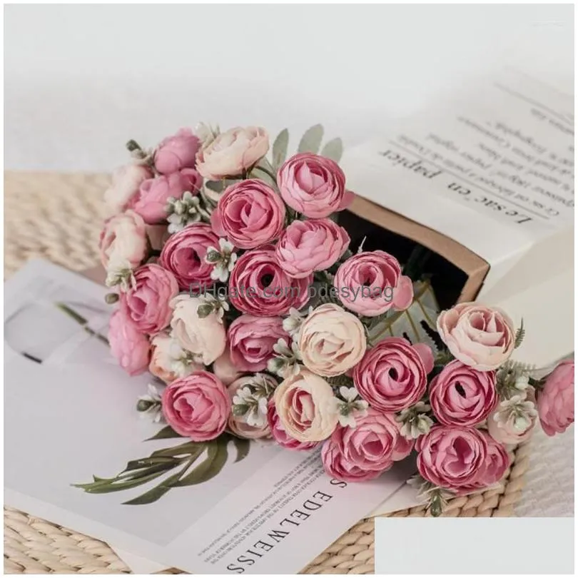 decorative flowers artificial small tea bud rose 18head pink silk ranunculus asiaticus for wedding bridal bouquet home decoration