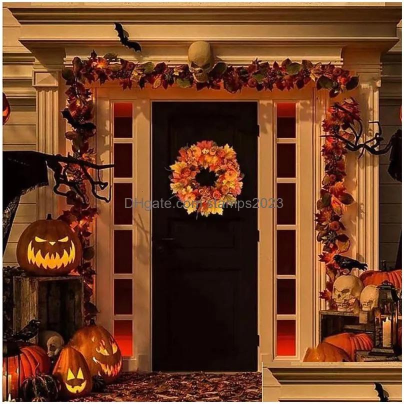 other event party supplies autumn door wreath christmas halloween decoration pumpkin berry pine cone maple artificial wreath cloth rattan home decoration