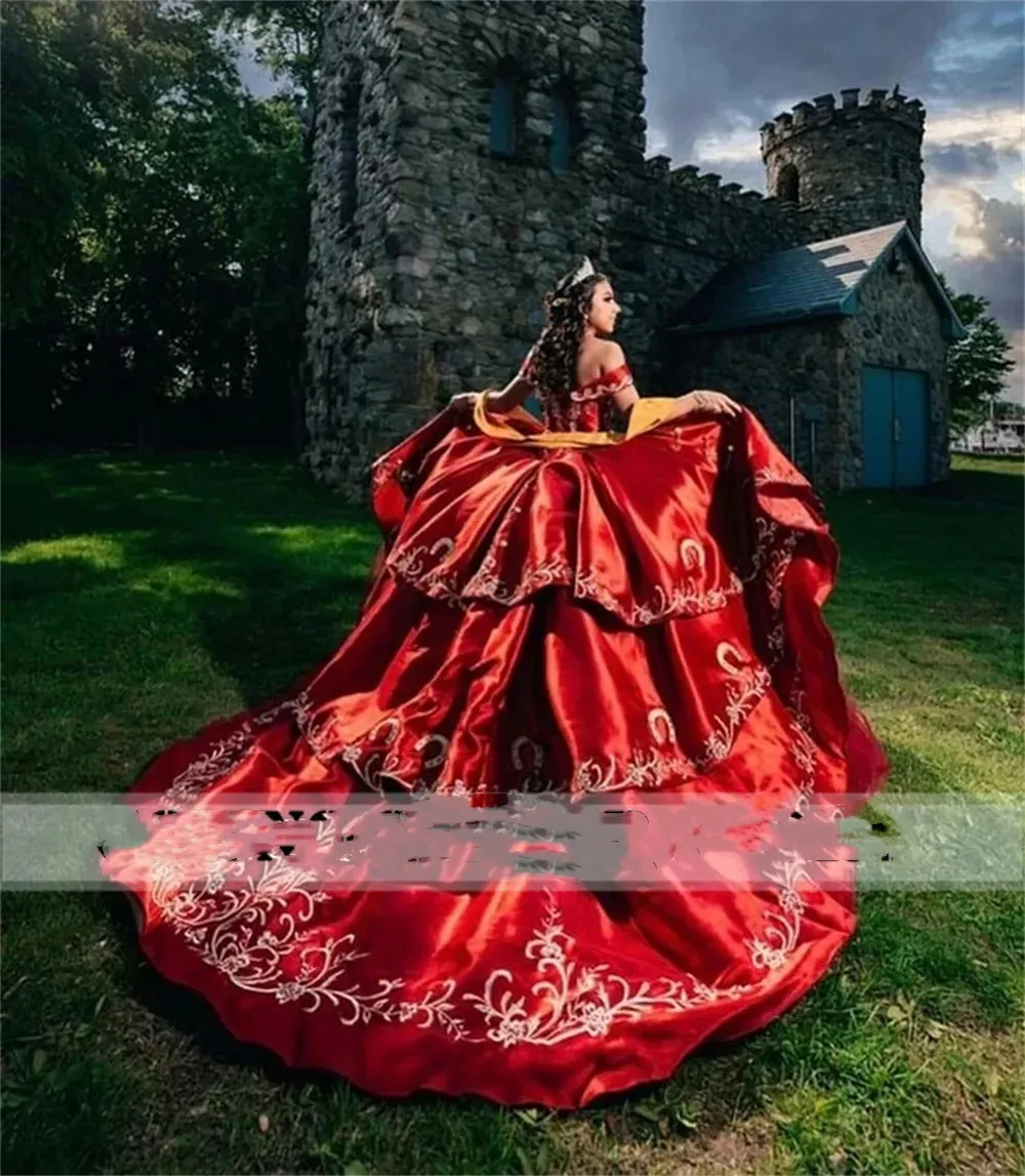 Red Satin Embroidery Ruffels Off The Shoulder Ball Gown Quinceanera Dresses Princess Prom Party Gowns Sweet 15 Vestidos De Fiest