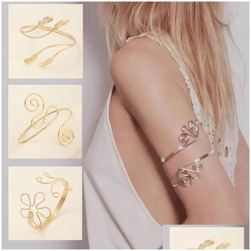 bangle bohemian gold color leaf charm upper bracelet arm chain metal hollow out geometric pattern retro cuff body bracelets