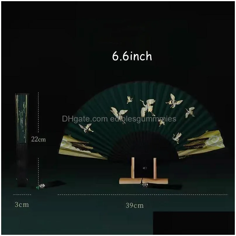 22cm chinese style retro green white crane folding fan daily portable dance cheongsam fan perform props gift favor mj1279