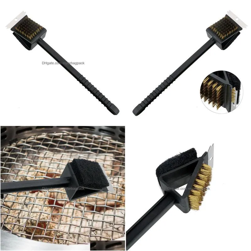 bbq tools accessories bbq cleaning brush copper wire sponge shovel barbecue grill oven cleaning long handle 3 in 1 corner copper wire brush bbq tool