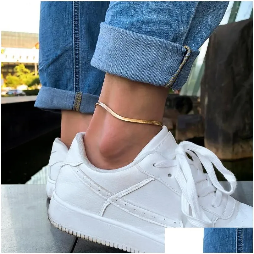 anklets gothic basic simple flat blade snake chain bracelet on the leg for men women punk gold color copper anklet kpop foot jewelry