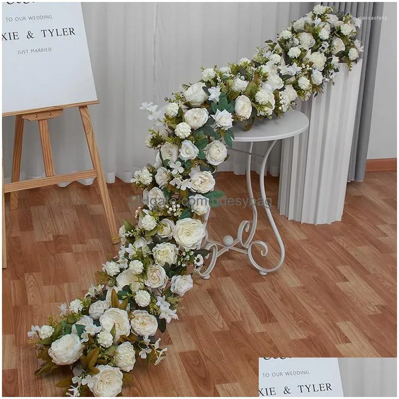 decorative flowers white rose hydrangea large ball artificial green plants flower row runner wedding backdrop decor floral wall party