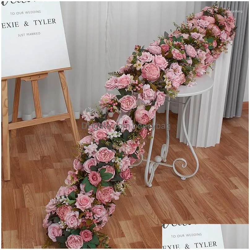 decorative flowers white rose hydrangea large ball artificial green plants flower row runner wedding backdrop decor floral wall party