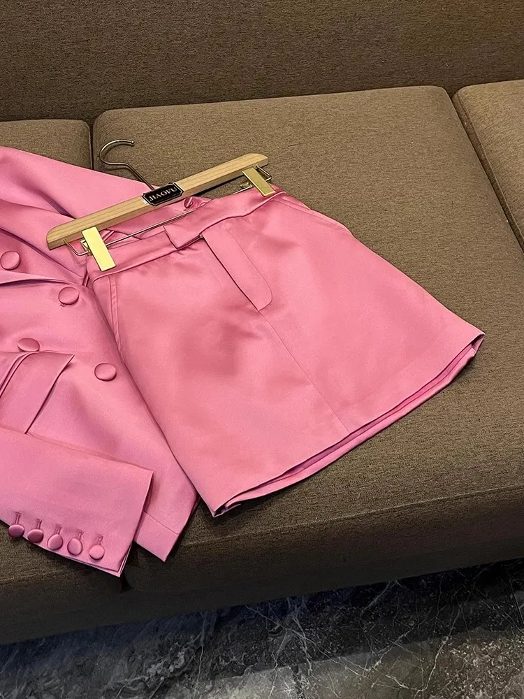 2023 Autumn Pink Solid Color Two Piece Dress Sets Long Sleeve Notched-Lapel Double-Breasted Blazers Top With Camisole and Short Skirt Suits Set O3O061201