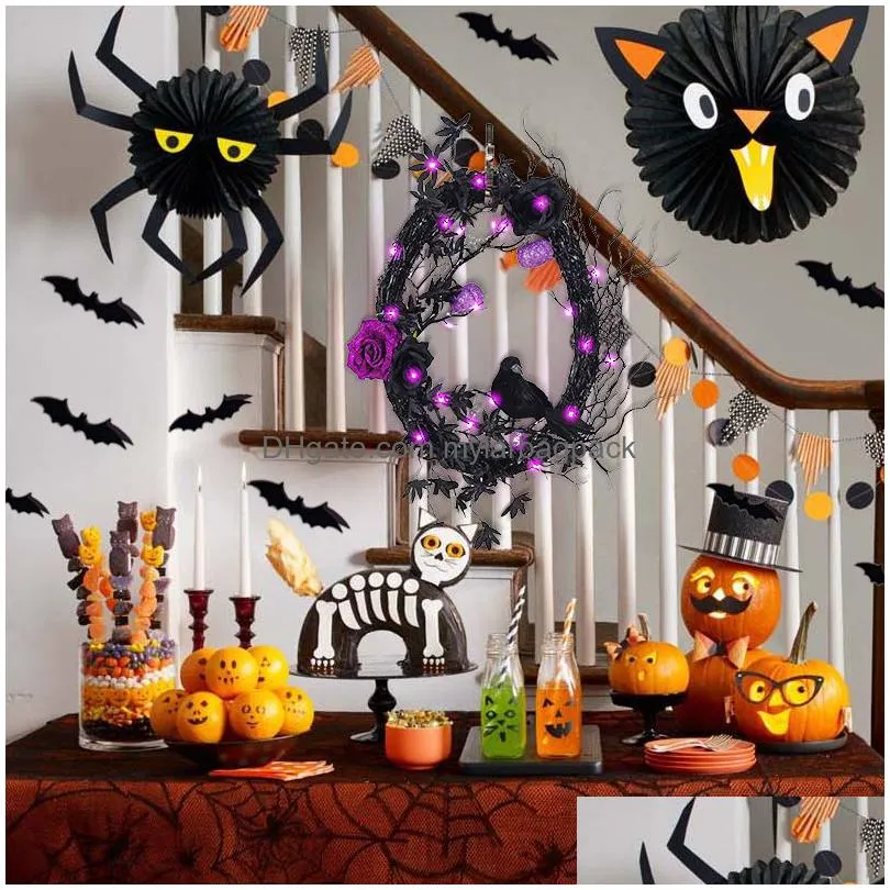 other event party supplies halloween black crow bat horror wreath with led light moon cat front door window wall decorations indoor outdoor holiday party