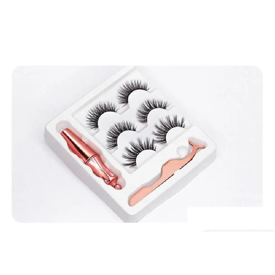 Natural Magnetic Eyelashes & Eyeliner Set Handmade 3 Pairs Thick Fake Lashes Set with Lashes Tweezer DHL Free