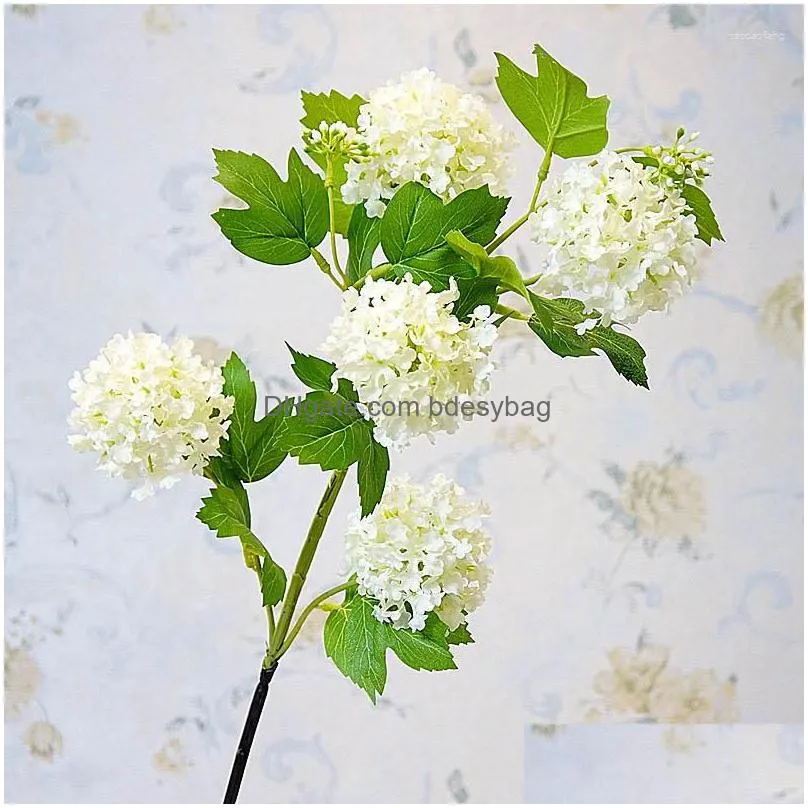 decorative flowers luxury 5 heads snowball hydrangea  branch white room decor artificial silk with green leaf for home decoration