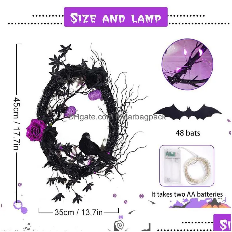 other event party supplies halloween black crow bat horror wreath with led light moon cat front door window wall decorations indoor outdoor holiday party