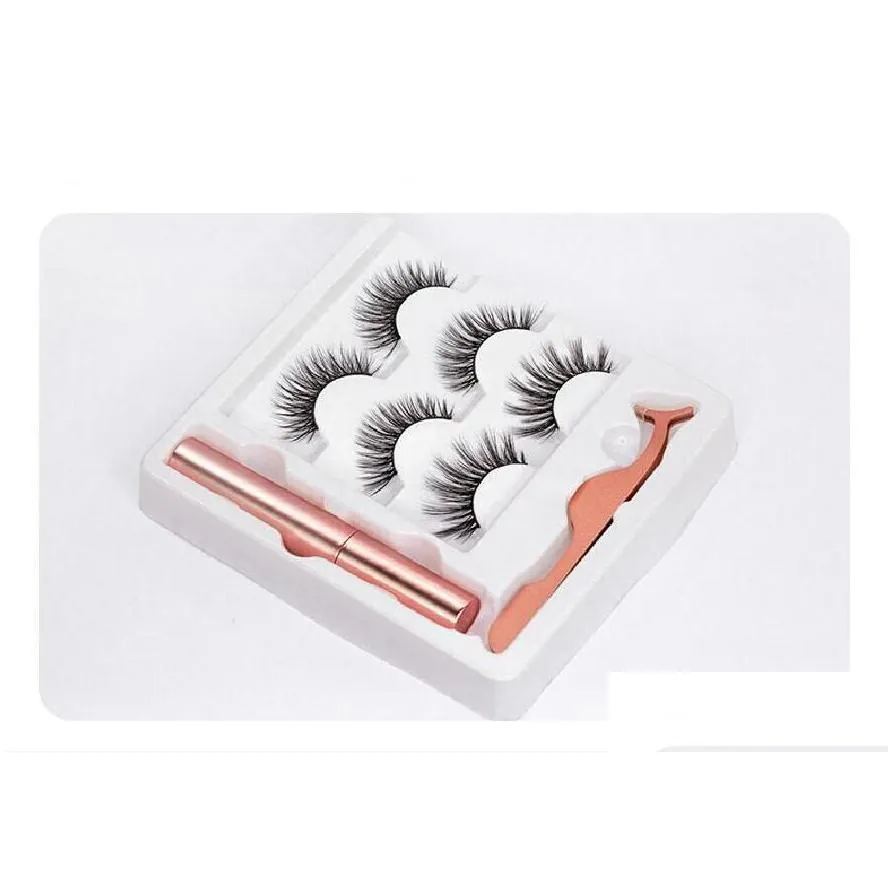 Natural Magnetic Eyelashes & Eyeliner Set Handmade 3 Pairs Thick Fake Lashes Set with Lashes Tweezer DHL Free