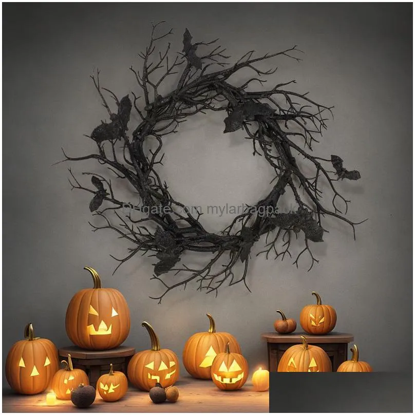 other event party supplies halloween wreath bat black branch wreaths with red led light 45cm wreaths for doors window flower garland halloween decoration