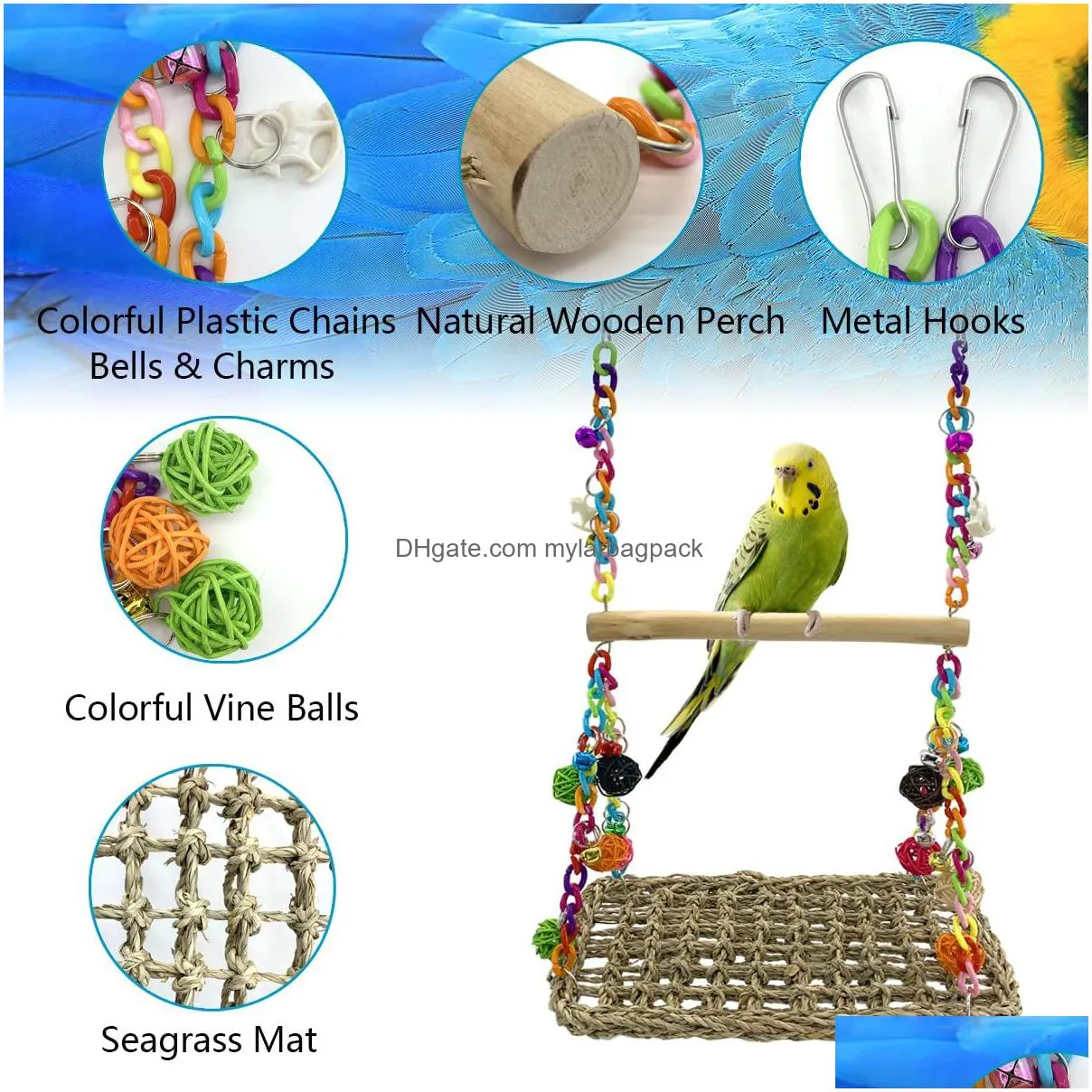 bird seagrass swing toys with wood perch parrot trapeze swing climbing hammock bird perch stand chewing toy for lovebird cockatiel budgie