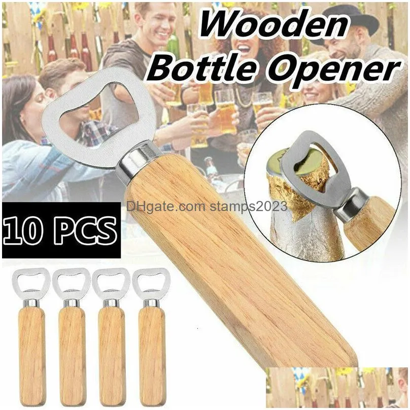 openers 10pcs/lot wooden bottle opener beer can opener household kitchen bar tools for home handle handheld wine soda glass cap gadgets