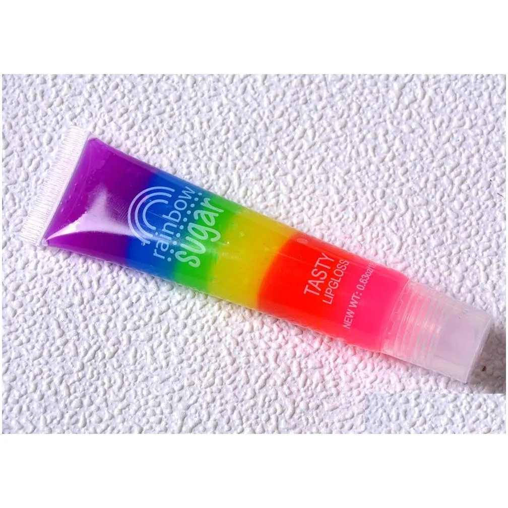 Newest Magic Waterproof Rainbow Sugar Tasty Lip Gloss Cosmetics Moisturizer Hydrating Transparent Lip Balm Fruit Scented Liquid