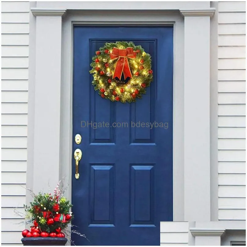 decorative flowers christmas wreath with led light glowing xmas 30/40cm pine needle bowknot festive garlands for indoor