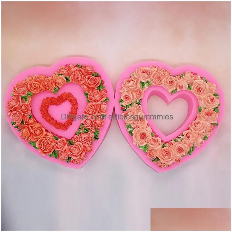 heart rose wreath silicone mold handmade candy fondant cake gum paste decoration resin polymer clay baking supplies mj1244