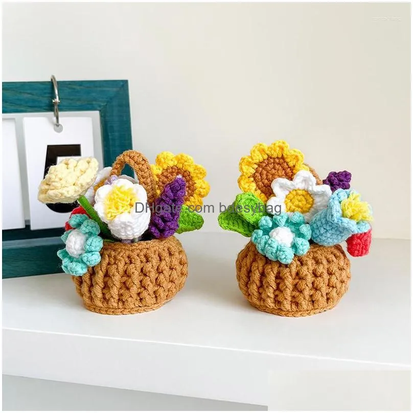decorative flowers mini handmade flower basket office home decoration accessories bouquet potted artificial knitted mother`s day gfits