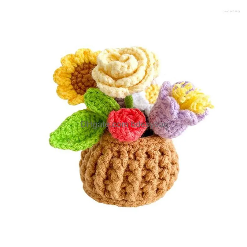 decorative flowers mini handmade flower basket office home decoration accessories bouquet potted artificial knitted mother`s day gfits