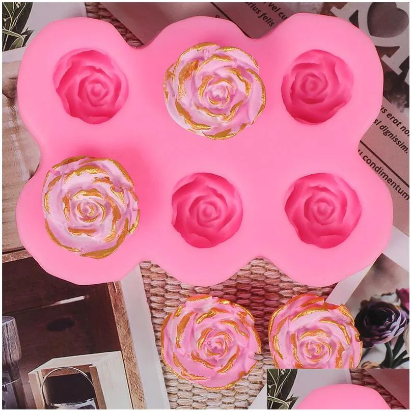 6-hole rose flower silicone mold handmade candy fondant gum paste cake decoration diy craft drip glue baking supplies mj1233