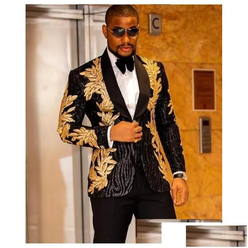 Tuxedos Newest Black With Gold Embroidery Men Suits Two Pieces Shawl Lapel Blazer Slim Fit Fashion Mens Jacket And Drop Deli Dhnqt