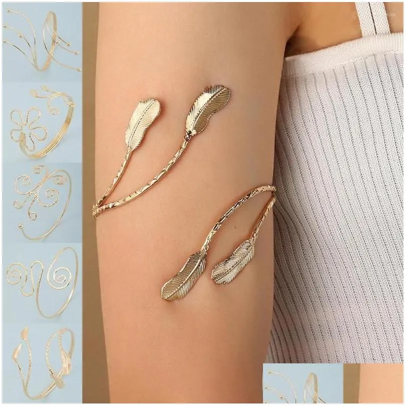 bangle bohemian gold color leaf charm upper bracelet arm chain metal hollow out geometric pattern retro cuff body bracelets