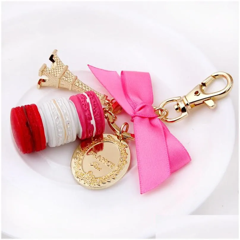  keychains effiel tower macarons ribbon woman luxury macarons cake keychain on bag charm handbag charms car keychain gift box1