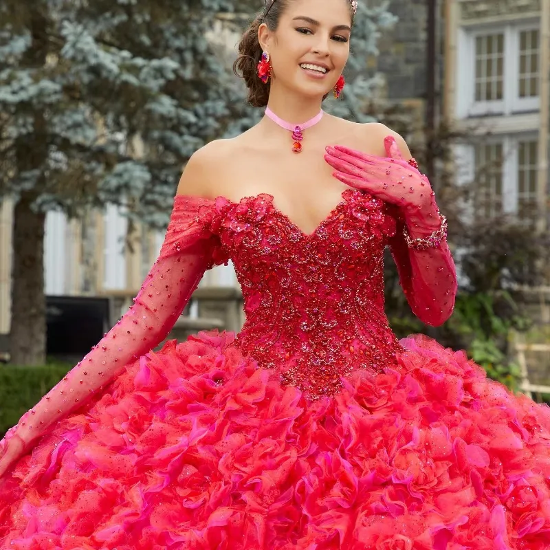 Red Shiny Quinceanera Dress Off Shoulder Princess Applique Beads Tiered Prom Ball Gown Sweet 16 XV Years Old Miss Birthday