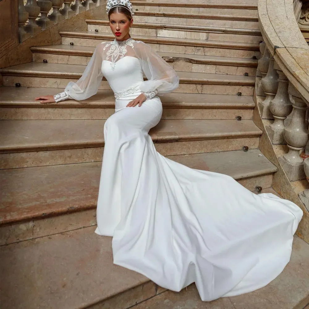 Arabic White Wedding Dresses Detachable Long Sleeves Mermaid Bridal Gowns Beads Lace Applique Nigerian Marriage Dress Plus Size Custom Made11123