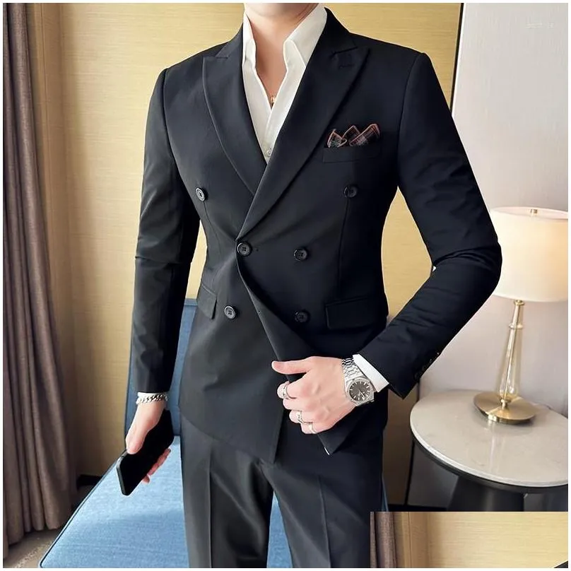Men`S Suits & Blazers Mens Suits 2023 Fashion Business Double Breasted Solid Color Suit Coat / Male Slim Wedding 2 Pieces Blazers Jack Otarc