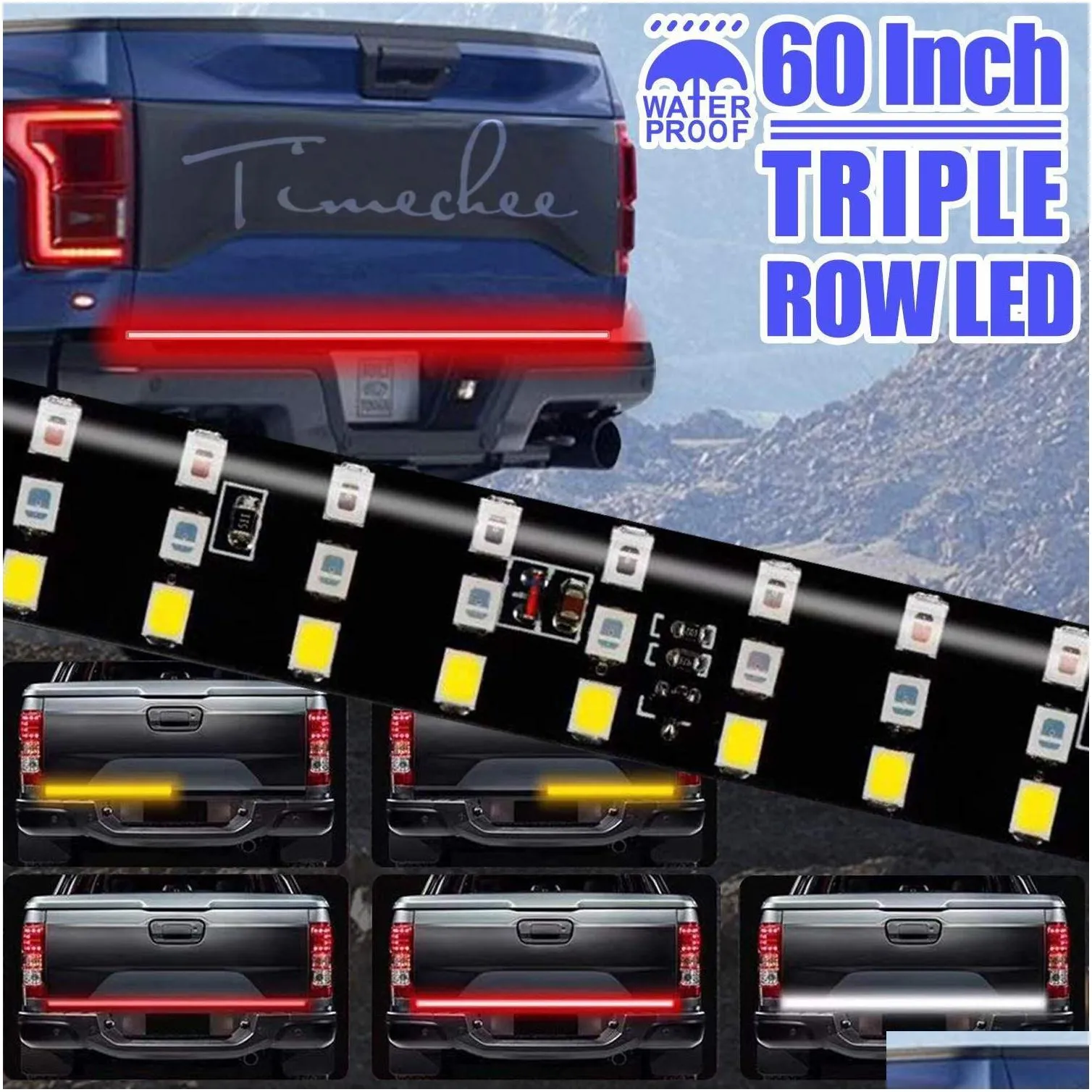 Car Tail Lights 60 Inch Light Bar Led Tailgate Triple Row For Pickup Trailer Suv Rv Red Brake White Reverse Amber Turn Signal Strobe