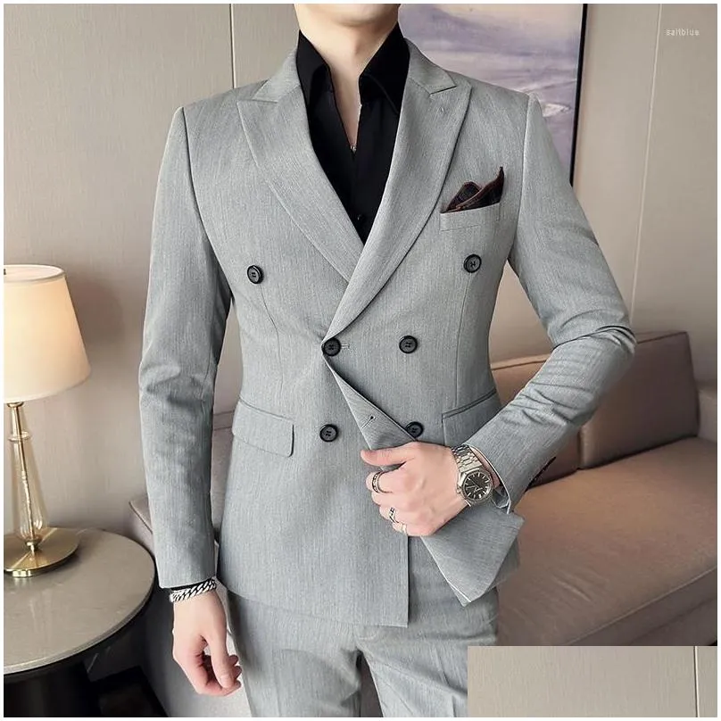 Men`S Suits & Blazers Mens Suits 2023 Fashion Business Double Breasted Solid Color Suit Coat / Male Slim Wedding 2 Pieces Blazers Jack Otarc