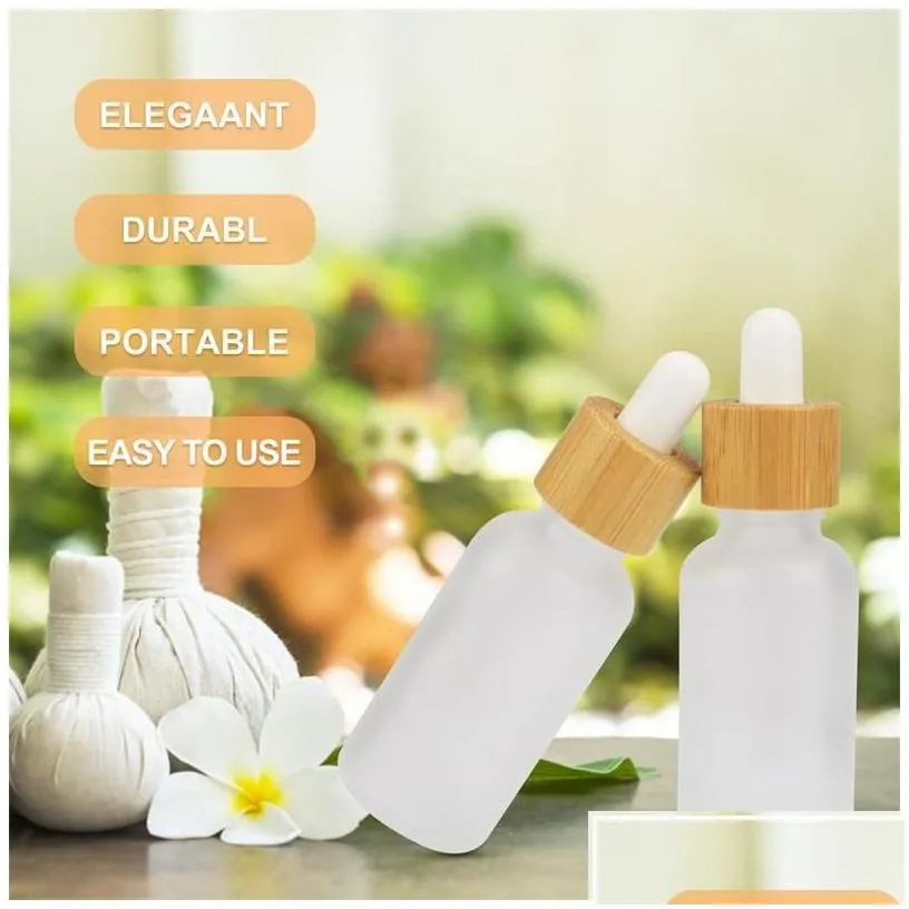 wholesale Packing Bottles Frosted Glass Dropper Bottle Essential Oil With Eye And Bamboo Lids Per Sample Vials Essence Liquid Cosmetic Drop De