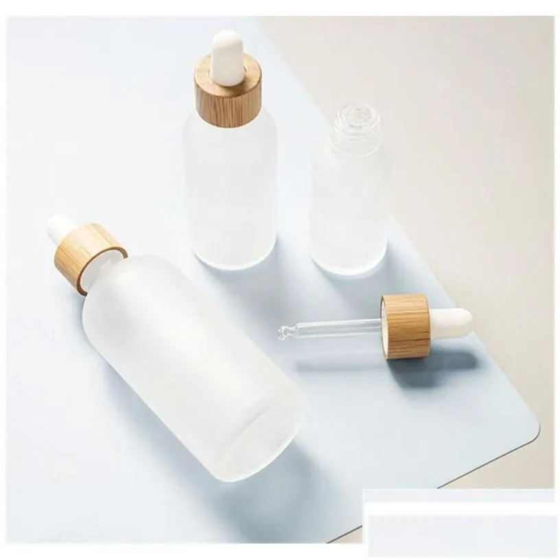 wholesale Packing Bottles Frosted Glass Dropper Bottle  Oil With Eye And Bamboo Lids Per Sample Vials Essence Liquid Cosmetic Drop De