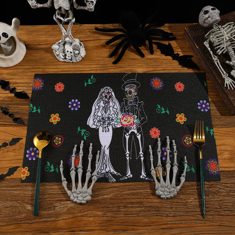 Halloween Place Mats Mexican Day of The Dead Linen Placemats Kitchen Accessories Print Reusable Kitchen Table Supples Mats Holiday Decorations