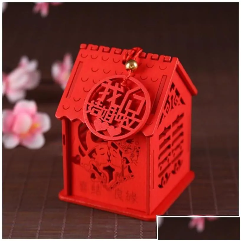 Gift Wrap Many Styles Wood Chinese Double Happiness Wedding Favor Boxes Candy Box Red Classical Sugar Case With Tassel 6.5X6.5X6.5Cm