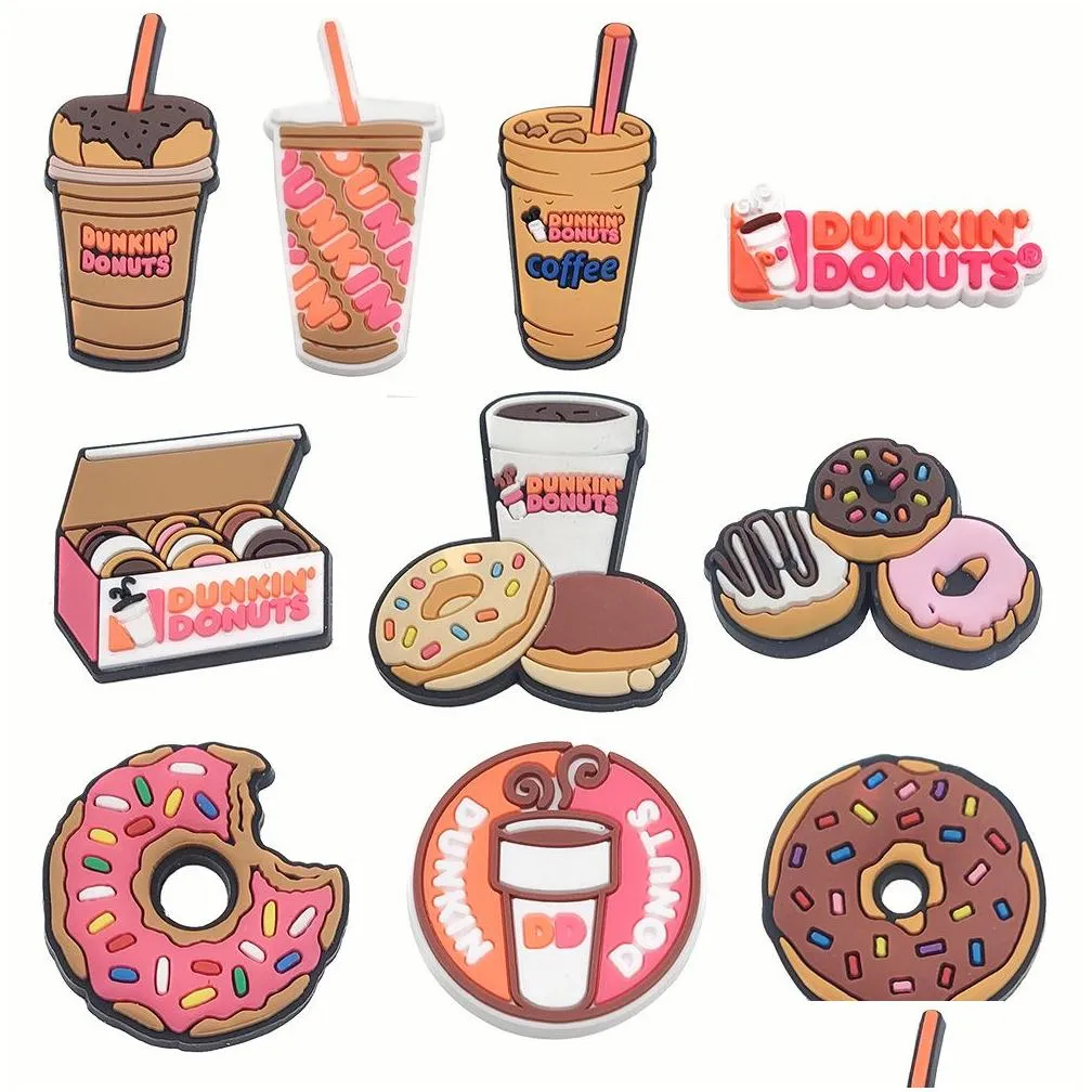 Shoe Parts Accessories 1Pc Cartoon Dunkin Donuts Charms Food Drinks Diy For Clogs Garden Sandals Decoration Kids X Mas Gifts Decorat