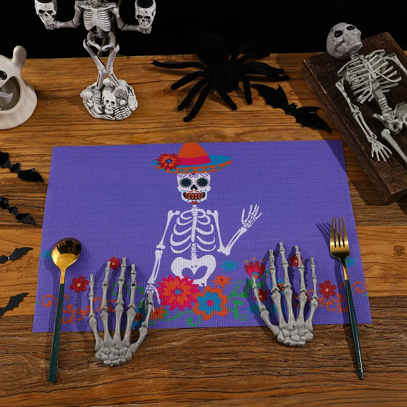 Halloween Place Mats Mexican Day of The Dead Linen Placemats Kitchen Accessories Print Reusable Kitchen Table Supples Mats Holiday Decorations