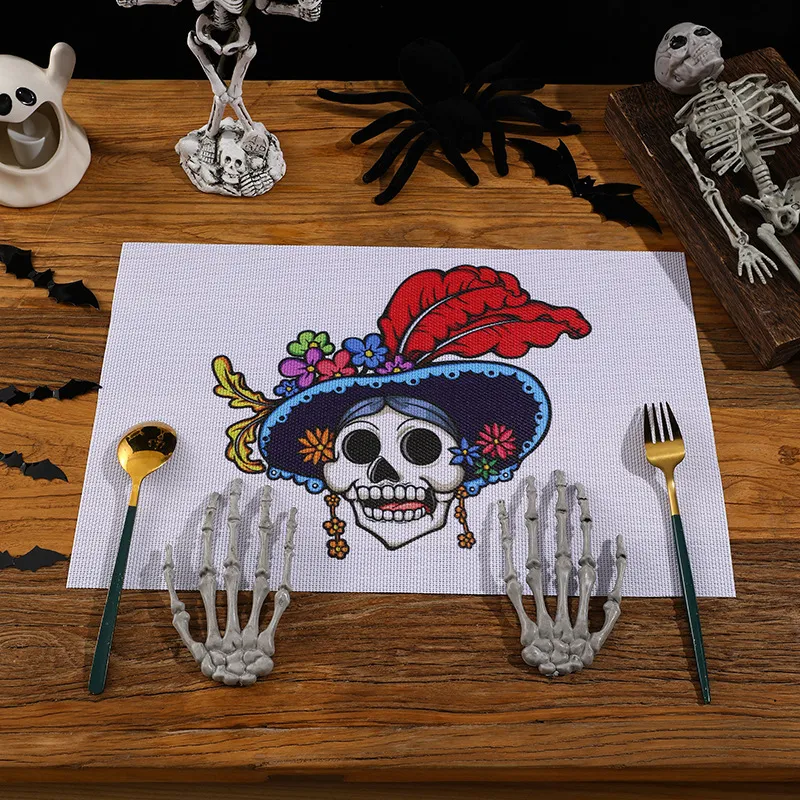 Halloween Place Mats Mexican Day of The Dead Linen Placemats Kitchen Accessories Print Reusable Kitchen Table Supples Mats Holiday Decorations