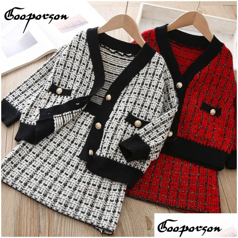 Clothing Sets Kids Girls Sweater Set Autumn Winter Thick Warm Knitted Clothes Fashion Girl Classic Clothing Suit Cardigan And Skirt1 B Dhbes