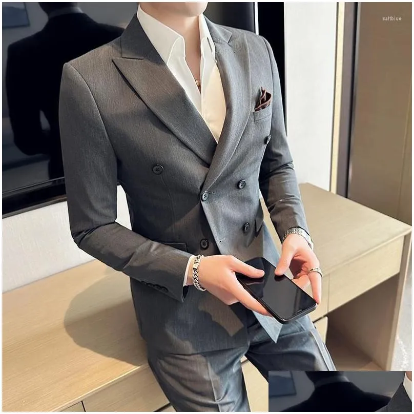 Men`S Suits & Blazers Mens Suits 2023 Fashion Business Double Breasted Solid Color Suit Coat / Male Slim Wedding 2 Pieces Blazers Jack Otarc