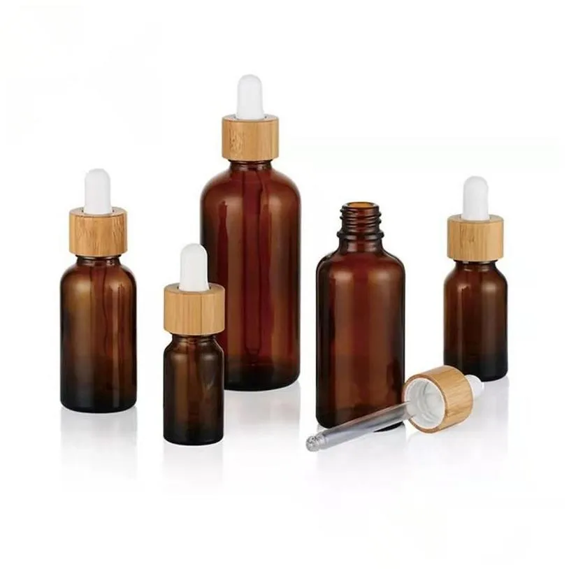 wholesale Packing Bottles Frosted Glass Dropper Bottle  Oil With Eye And Bamboo Lids Per Sample Vials Essence Liquid Cosmetic Drop De