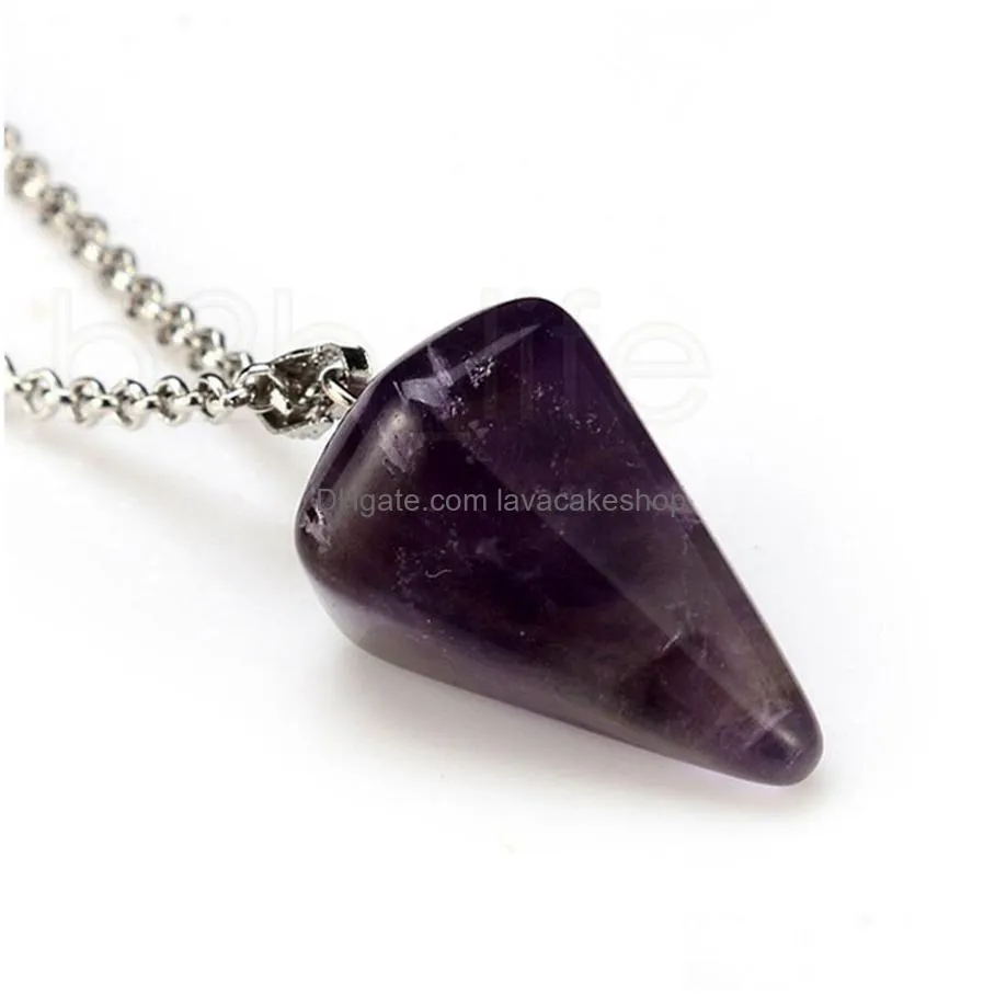 Party Favor Natural Gemstone Pendant Necklace Crystal Healing Chakra Reiki Sier Stone Hexagonal Prisme Cone Pendum Charm Necklaces 11 Dhawo