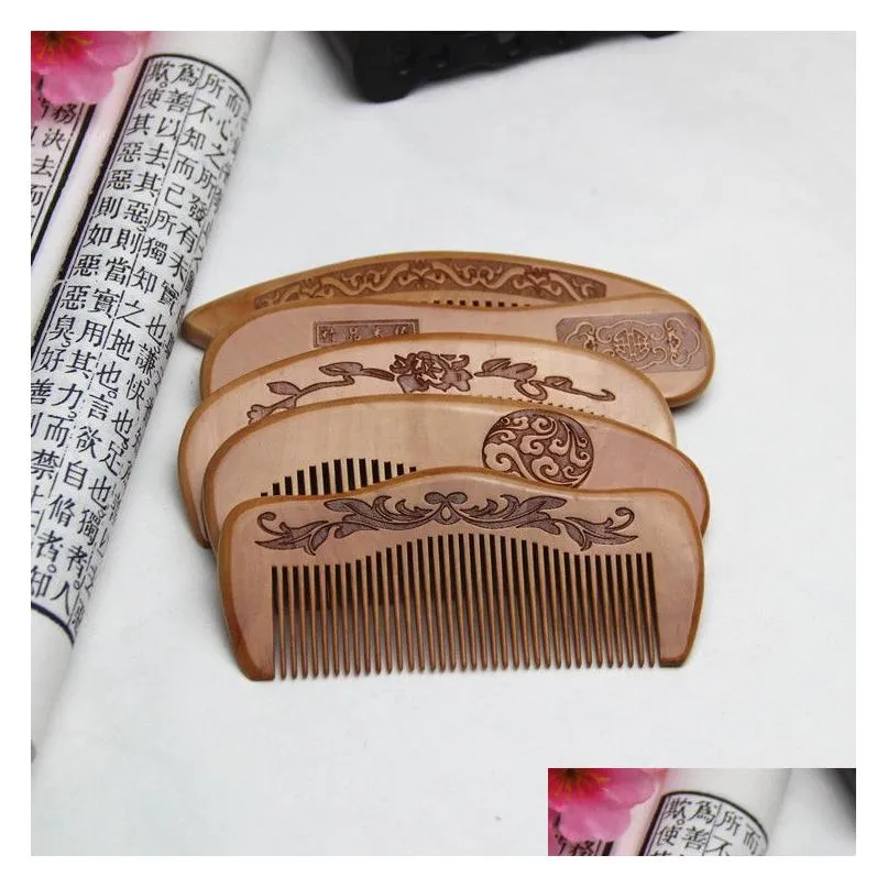 womens gifts 100% natural peach combs thickened carved wood combs anti-static massage scalp health portable hair comb wedding favor