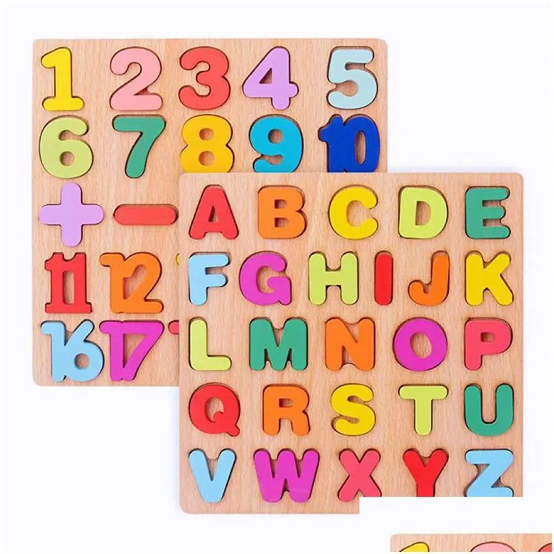 Other Desk Accessories Wholesale Wooden Puzzle Letters Numbers Geometric Shapes Building Blocks 20X20X0.7Cm Office School Business Ind Dhwae