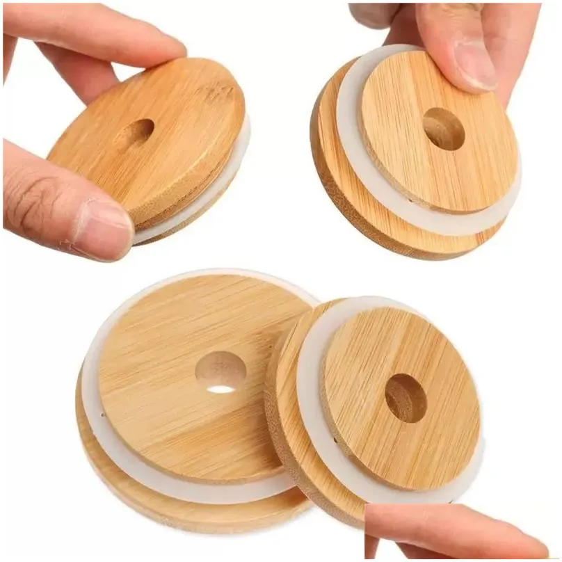 Drinkware Lid Factory Bamboo Cap Lid Reusable Wooden Mason Jar Lids 70Mm With St Hole And Sile Seal Drinkware For Canning Drinking Jar Dh1On