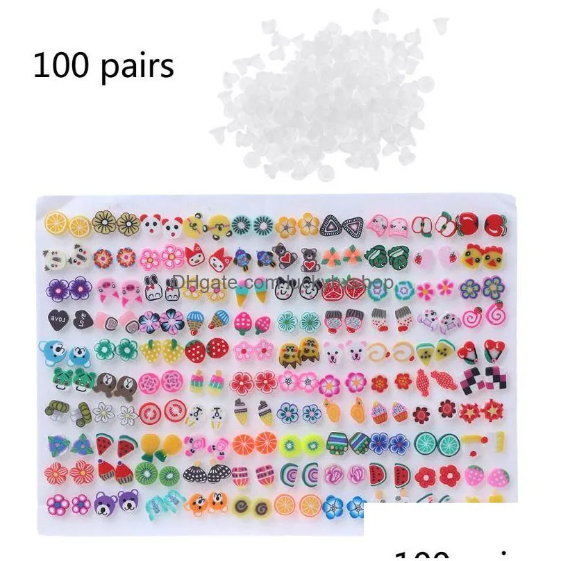 Stud Stud 100 Pairs Assorted Styles Polymer Clay Hypoallergenic Earrings Lot For Kids8107891 Jewelry Earrings Dhc1V